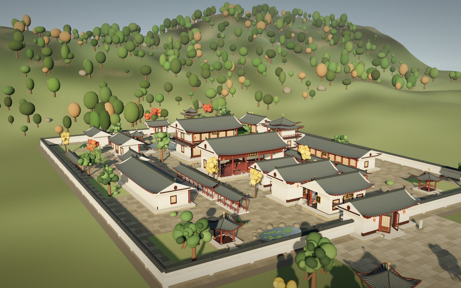 岳麓书院 3D 场景全景：中轴院落、讲堂、御书楼与后山